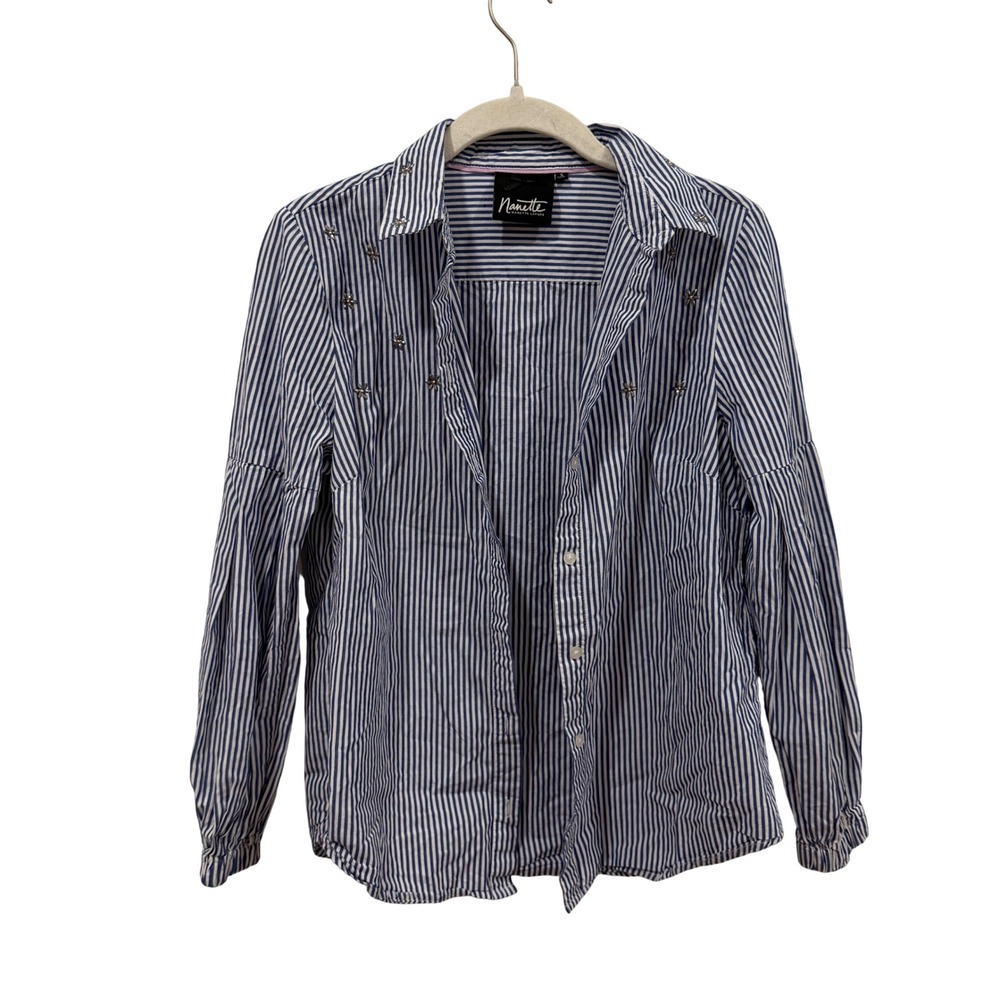 Nanette‎ Lepore Blue White Striped Embellished Cotton Button Down Shirt Small